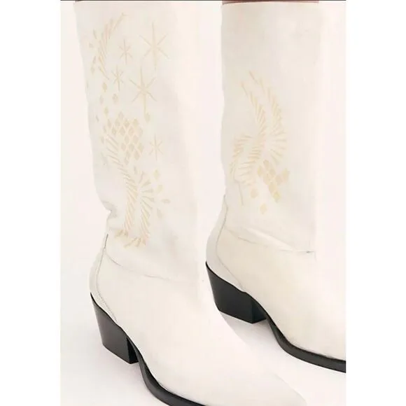 New Free People Moon and Back Patterned Leather Slouchy Western Boots 39 | 8.5