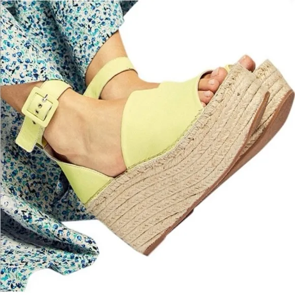 New Free People Sunny Lime Leather Coastal Platform Wedge Burlap Sandals39/US 9