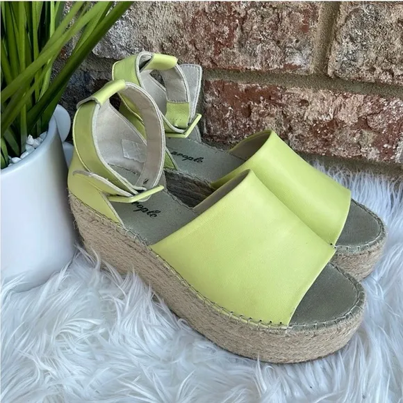 New Free People Sunny Lime Leather Coastal Platform Wedge Burlap Sandals39/US 9