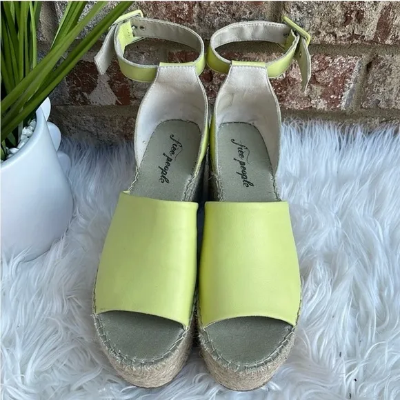 New Free People Sunny Lime Leather Coastal Platform Wedge Burlap Sandals39/US 9