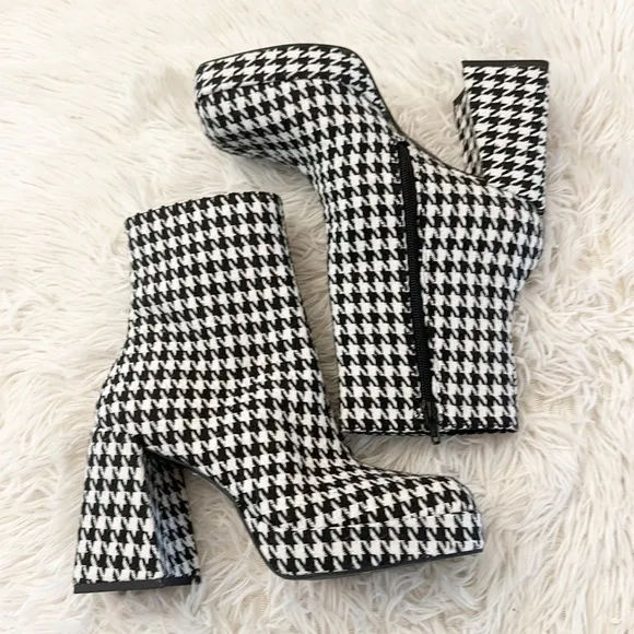NEW Gianni Bini Houndstooth Black white platform heel boots women size 7