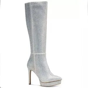 New in Box Thalia Jessy 5.5 Rhinestones Crystals Bling Silver Platform Boots NWT