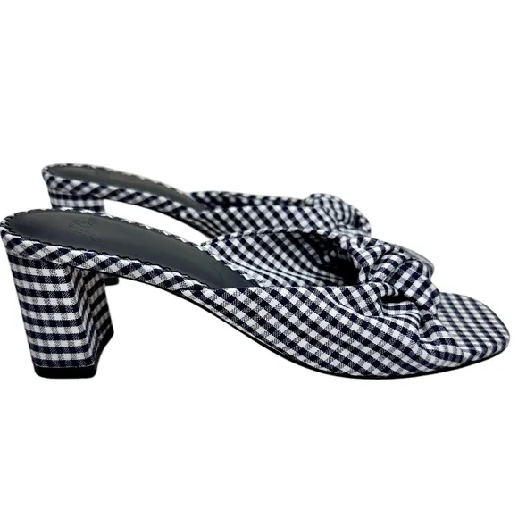 New J Crew Knotted Block Heel Sandals SZ 6.5 Shoes Navy Blue &amp; White Gingham