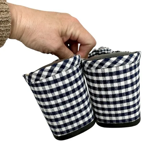 New J Crew Knotted Block Heel Sandals SZ 6.5 Shoes Navy Blue &amp; White Gingham