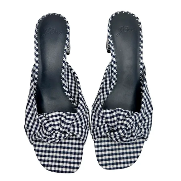 New J Crew Knotted Block Heel Sandals SZ 6.5 Shoes Navy Blue &amp; White Gingham