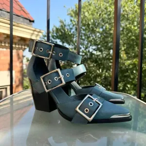 New Jeffrey Campbell Free People Hendrix Heels Shoes Point Buckle Blue Silver