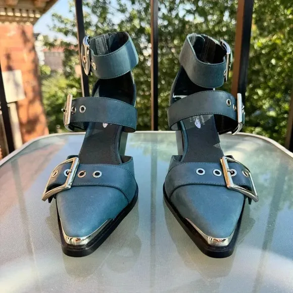 New Jeffrey Campbell Free People Hendrix Heels Shoes Point Buckle Blue Silver