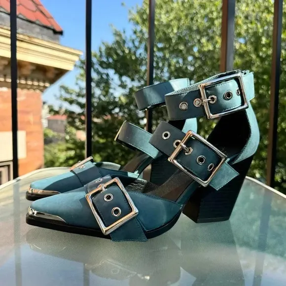 New Jeffrey Campbell Free People Hendrix Heels Shoes Point Buckle Blue Silver
