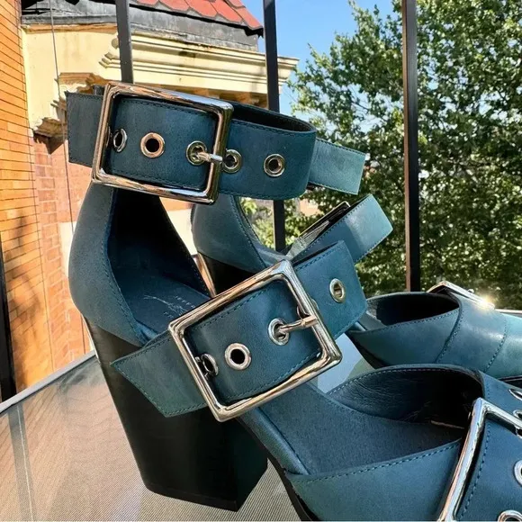 New Jeffrey Campbell Free People Hendrix Heels Shoes Point Buckle Blue Silver