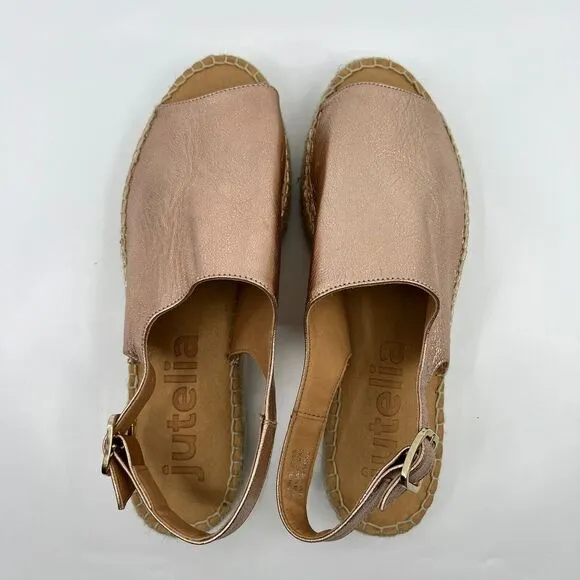 NEW JUTELIA Spain Rose Gold Espadrille Platform Sandals Women 39 8.5 Leather‎