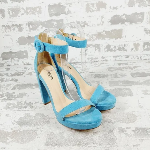 NEW L' Agence Cecile Ankle Buckle High Heel Platform Blue Suede Sandals W712