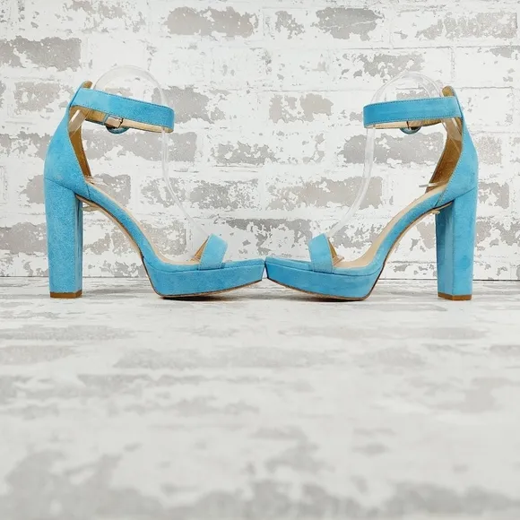 NEW L' Agence Cecile Ankle Buckle High Heel Platform Blue Suede Sandals W712