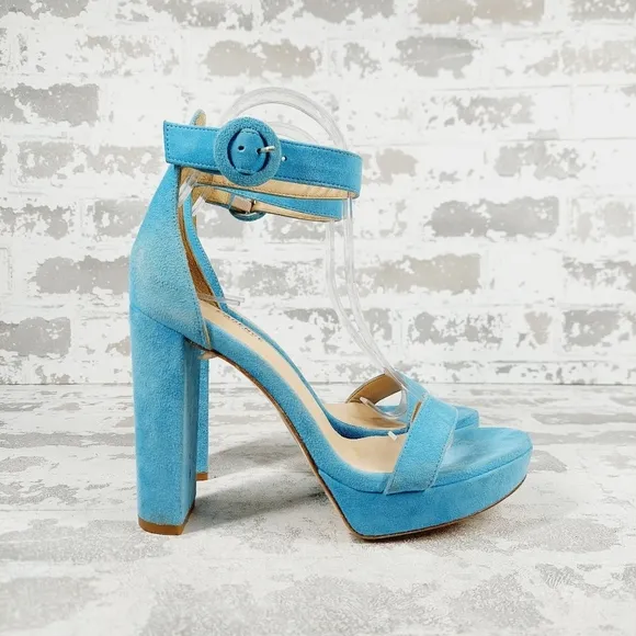 NEW L' Agence Cecile Ankle Buckle High Heel Platform Blue Suede Sandals W712