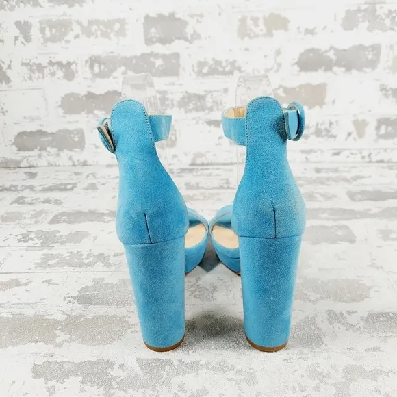 NEW L' Agence Cecile Ankle Buckle High Heel Platform Blue Suede Sandals W712