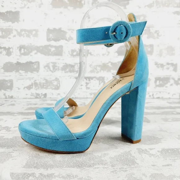 NEW L' Agence Cecile Ankle Buckle High Heel Platform Blue Suede Sandals W712