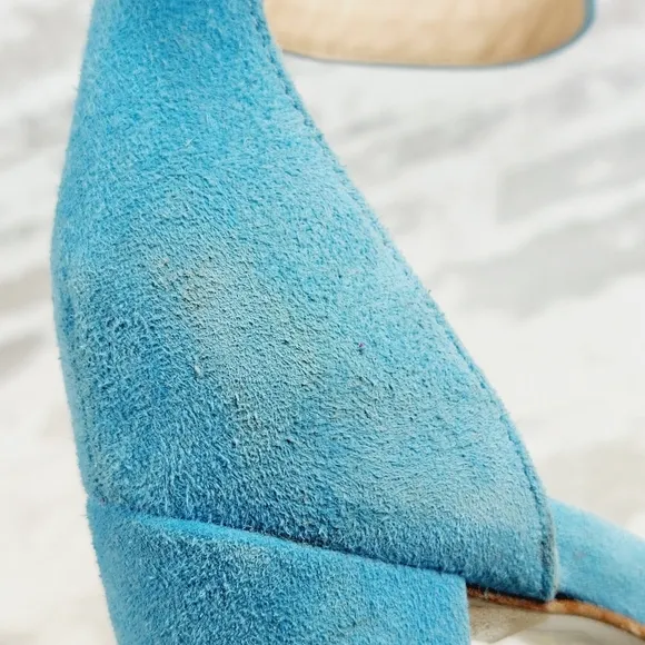 NEW L' Agence Cecile Ankle Buckle High Heel Platform Blue Suede Sandals W712