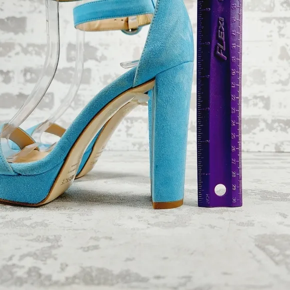 NEW L' Agence Cecile Ankle Buckle High Heel Platform Blue Suede Sandals W712
