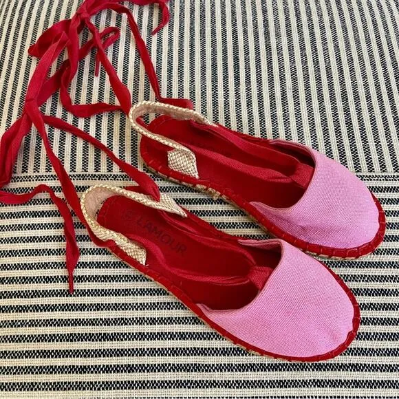 NEW L’Amour Lace Up Espadrilles Ribbon Tie Flats Pink and Red Little Girls 13