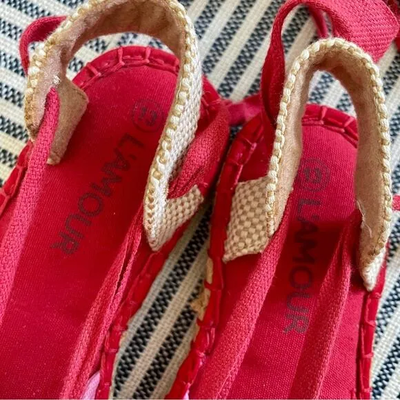 NEW L’Amour Lace Up Espadrilles Ribbon Tie Flats Pink and Red Little Girls 13