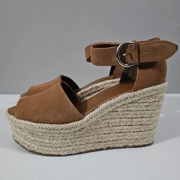 NEW Marc Fisher Alita Platform Wedge Peep Toe Sandal Espadrille Brown Suede 9.5