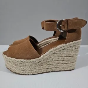 NEW Marc Fisher Alita Platform Wedge Peep Toe Sandal Espadrille Brown Suede 9.5