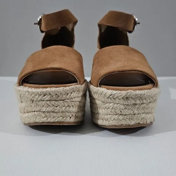 NEW Marc Fisher Alita Platform Wedge Peep Toe Sandal Espadrille Brown Suede 9.5