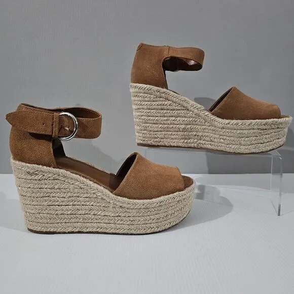 NEW Marc Fisher Alita Platform Wedge Peep Toe Sandal Espadrille Brown Suede 9.5