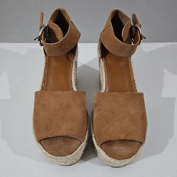 NEW Marc Fisher Alita Platform Wedge Peep Toe Sandal Espadrille Brown Suede 9.5