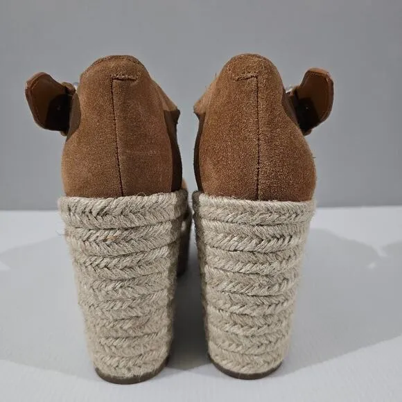 NEW Marc Fisher Alita Platform Wedge Peep Toe Sandal Espadrille Brown Suede 9.5
