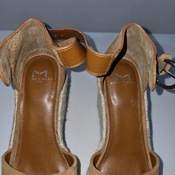 NEW Marc Fisher Alita Platform Wedge Peep Toe Sandal Espadrille Brown Suede 9.5