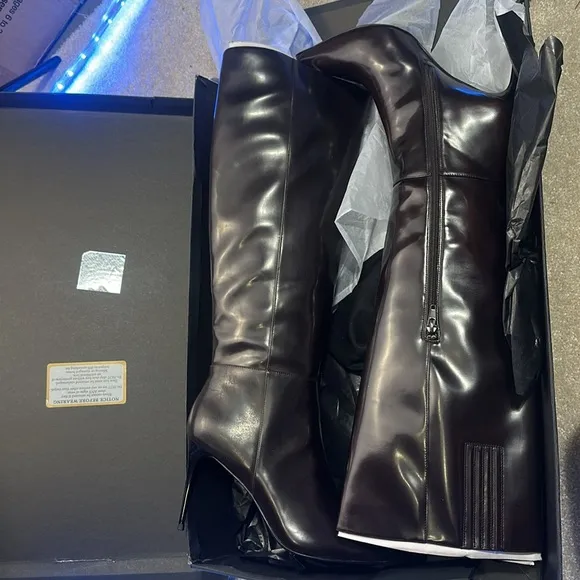 NEW Michael Costello x REVOLVE Natalia Boot in Brown LEATHER SHINY HEELED BOOTS