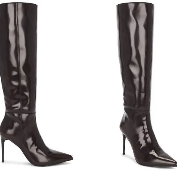 NEW Michael Costello x REVOLVE Natalia Boot in Brown LEATHER SHINY HEELED BOOTS