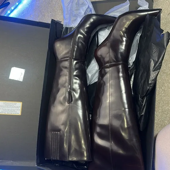 NEW Michael Costello x REVOLVE Natalia Boot in Brown LEATHER SHINY HEELED BOOTS