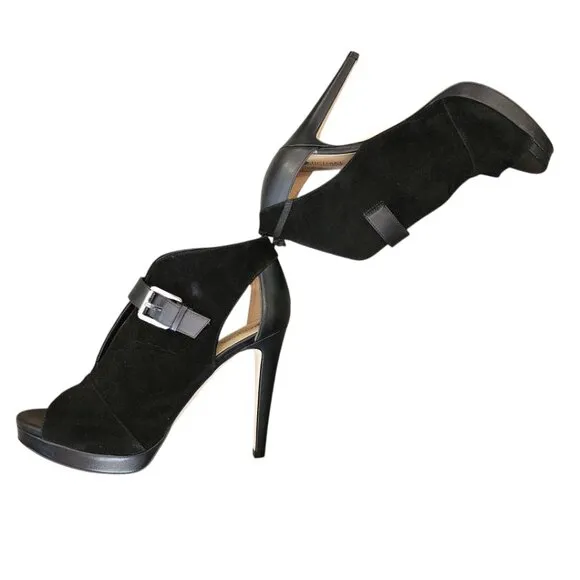 New MICHAEL Kors Black Suede Leather Isabella Open Peep Toe Heels Bootie Shoes