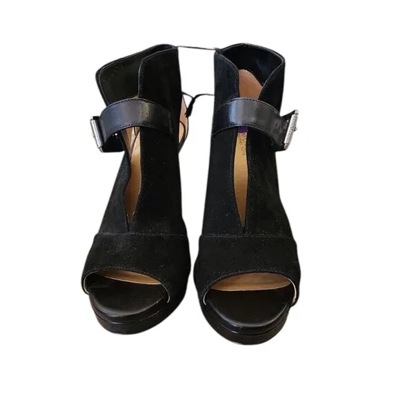 New MICHAEL Kors Black Suede Leather Isabella Open Peep Toe Heels Bootie Shoes