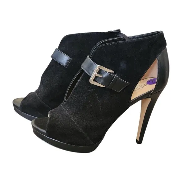 New MICHAEL Kors Black Suede Leather Isabella Open Peep Toe Heels Bootie Shoes