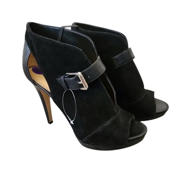 New MICHAEL Kors Black Suede Leather Isabella Open Peep Toe Heels Bootie Shoes