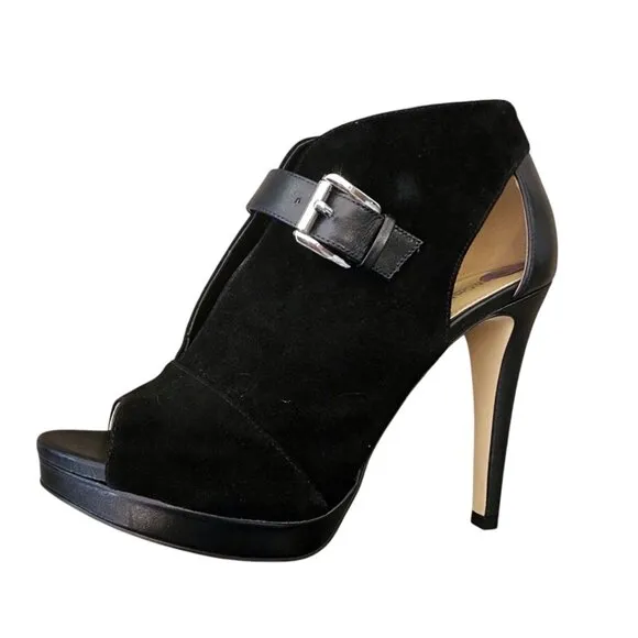 New MICHAEL Kors Black Suede Leather Isabella Open Peep Toe Heels Bootie Shoes