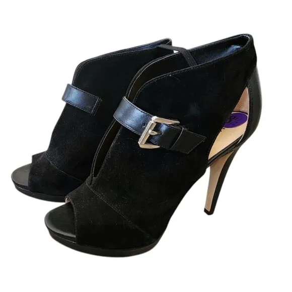 New MICHAEL Kors Black Suede Leather Isabella Open Peep Toe Heels Bootie Shoes