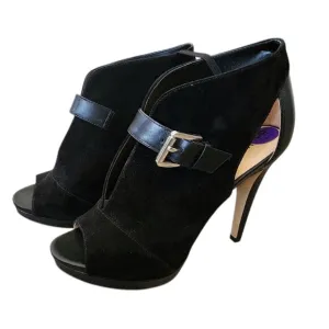 New MICHAEL Kors Black Suede Leather Isabella Open Peep Toe Heels Bootie Shoes