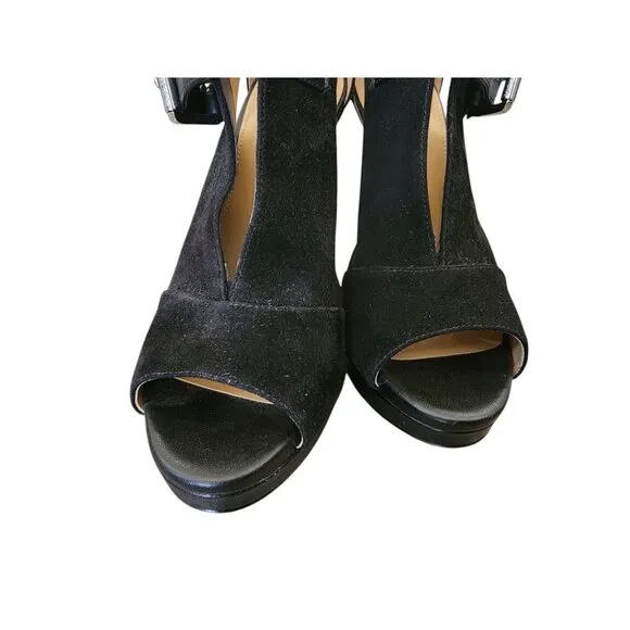 New MICHAEL Kors Black Suede Leather Isabella Open Peep Toe Heels Bootie Shoes