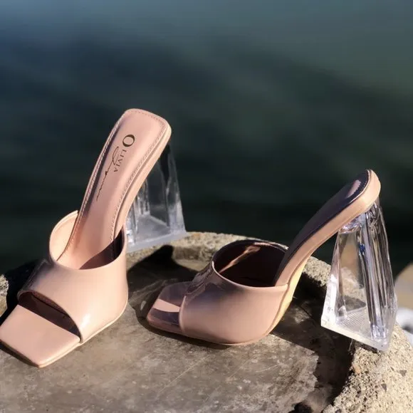 NEW Patent Clear Triangle High Block Heel Square Toe Slip On Sandals Mules Shoes