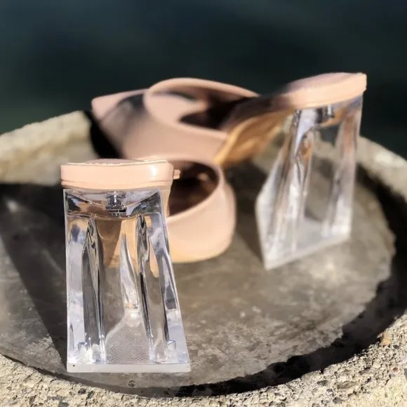 NEW Patent Clear Triangle High Block Heel Square Toe Slip On Sandals Mules Shoes