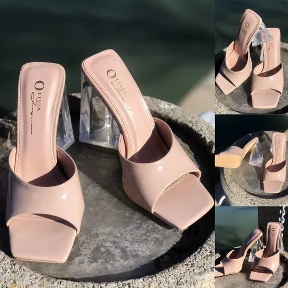 NEW Patent Clear Triangle High Block Heel Square Toe Slip On Sandals Mules Shoes