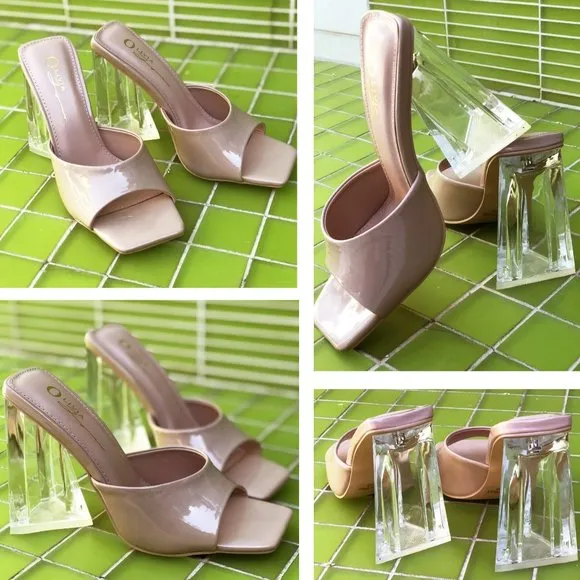NEW Patent Clear Triangle High Block Heel Square Toe Slip On Sandals Mules Shoes