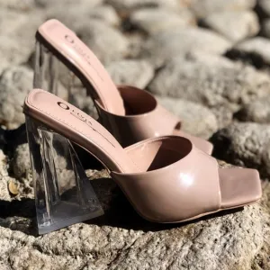 NEW Patent Clear Triangle High Block Heel Square Toe Slip On Sandals Mules Shoes
