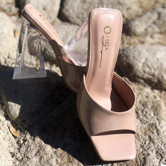 NEW Patent Clear Triangle High Block Heel Square Toe Slip On Sandals Mules Shoes