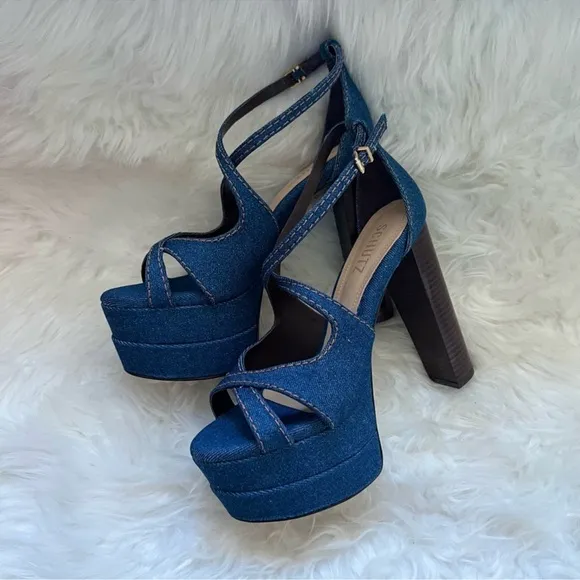 New! Rare SCHUTZ Latifah Denim Strappy Platform Sandals