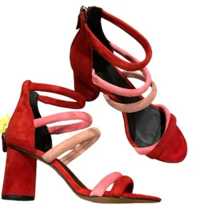 NEW REBECCA MINKOFF ANDREE Red Pink Strappy Ankle Sandal Block Heel Suede Shoes