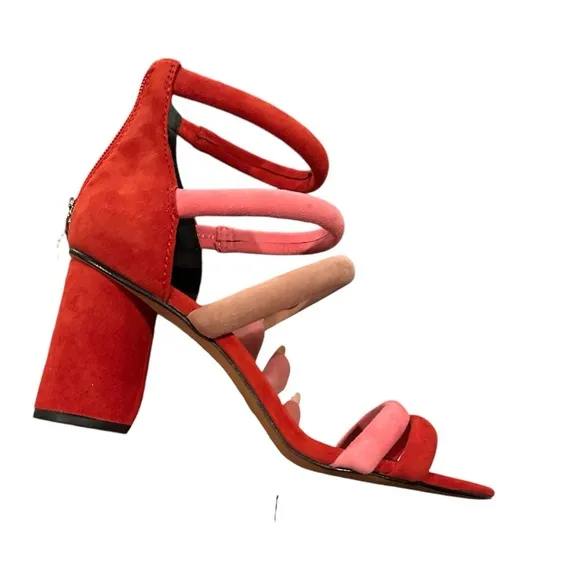 NEW REBECCA MINKOFF ANDREE Red Pink Strappy Ankle Sandal Block Heel Suede Shoes